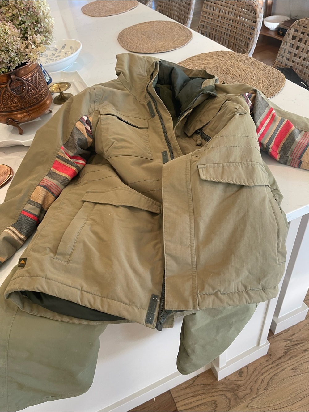 Burton Olive Green Kids Snowboard Jacket and Pants Striped Sleeve Accents